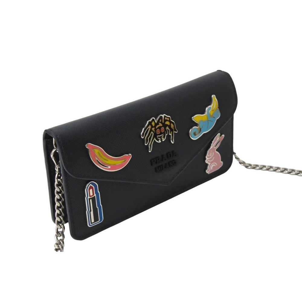 PRADA Batch Chain Shoulder Bag Black SAFFIANO SMALTO Leather Logo - Picture 3 of 8